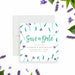 Floral save the date card featuring purple watercolor wildflowers and green script lettering for birthday or garden party-front