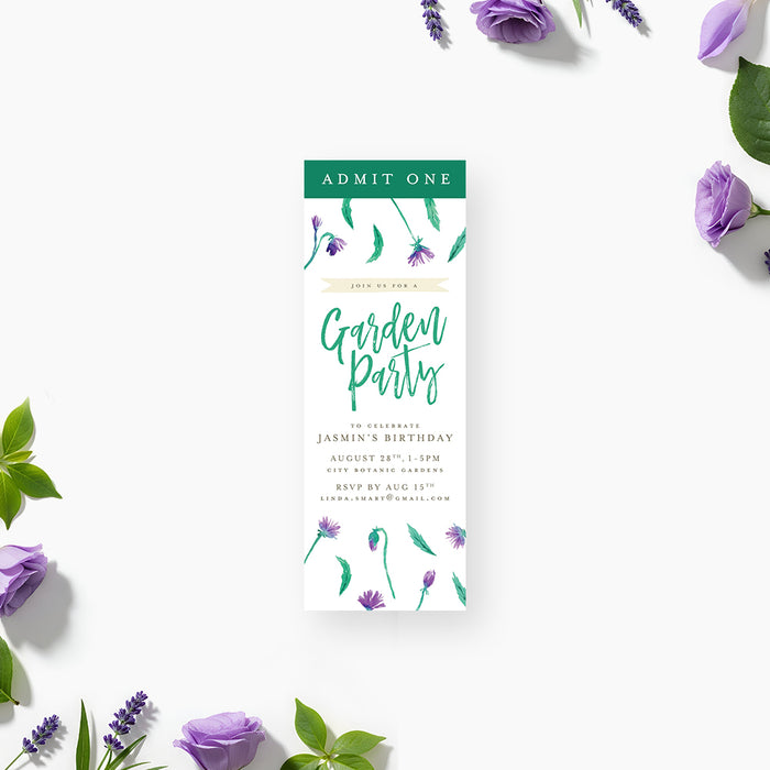 Garden party birthday ticket invitation with purple flowers, green leaves, and floral admit one ticket design.