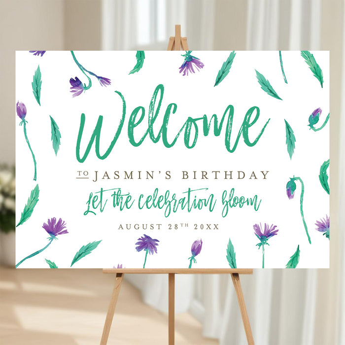 Floral birthday welcome sign with purple flowers, green leaves, and personalized garden party celebration text.
