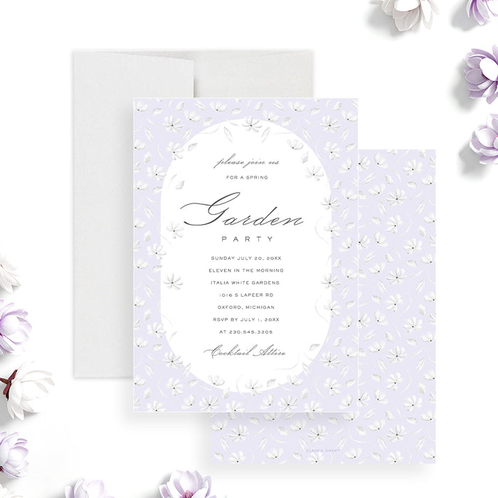 Floral garden party invitation with soft pastel purple design for a spring or summer event celebration-front-back