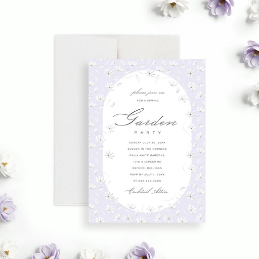Floral garden party invitation with soft pastel purple design for a spring or summer event celebration-front