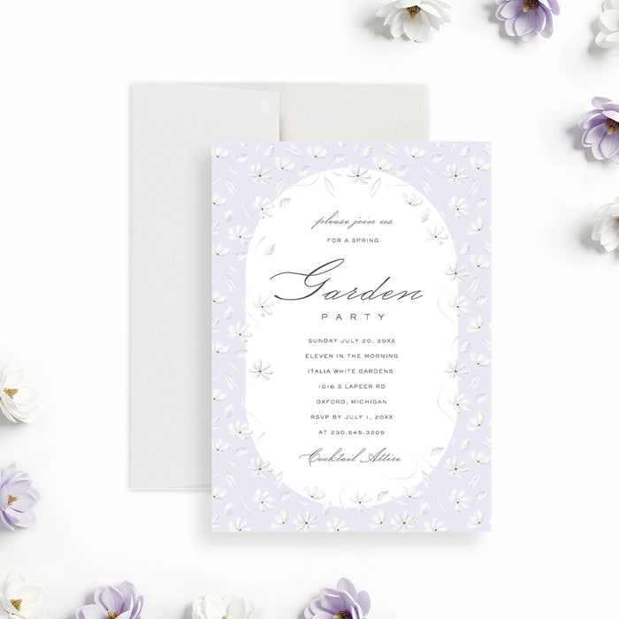 Floral garden party invitation with soft pastel purple design for a spring or summer event celebration-front