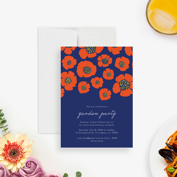 Floral garden party invitation featuring vibrant flower illustration-front