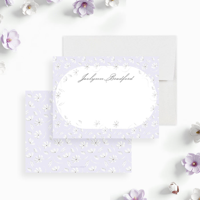 Lavender floral thank you card with personalized name, elegant purple note card for garden parties and spring celebrations-front-back