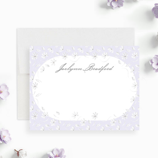 Lavender floral thank you card with personalized name, elegant purple note card for garden parties and spring celebrations-front