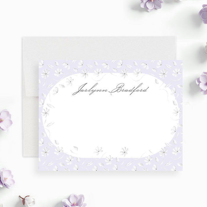 Lavender floral thank you card with personalized name, elegant purple note card for garden parties and spring celebrations-front