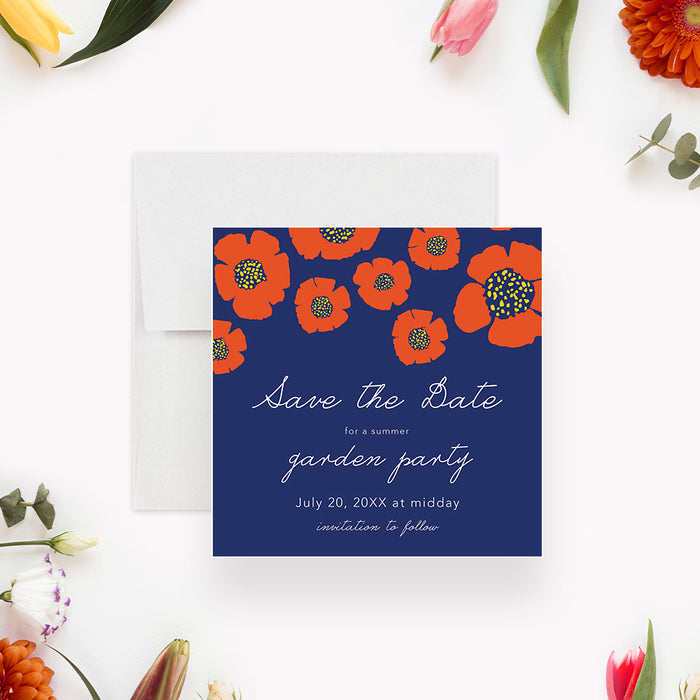 Floral save the date card for a summer garden party, featuring bright flower design-front