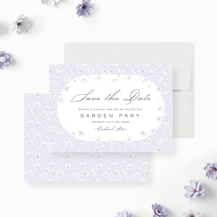 Floral save the date card with white flowers on a soft purple background, personalized for spring garden party celebrations-front-back