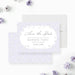 Floral save the date card with white flowers on a soft purple background, personalized for spring garden party celebrations-front-back