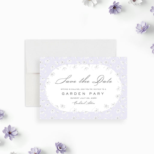 Floral save the date card with white flowers on a soft purple background, personalized for spring garden party celebrations-front