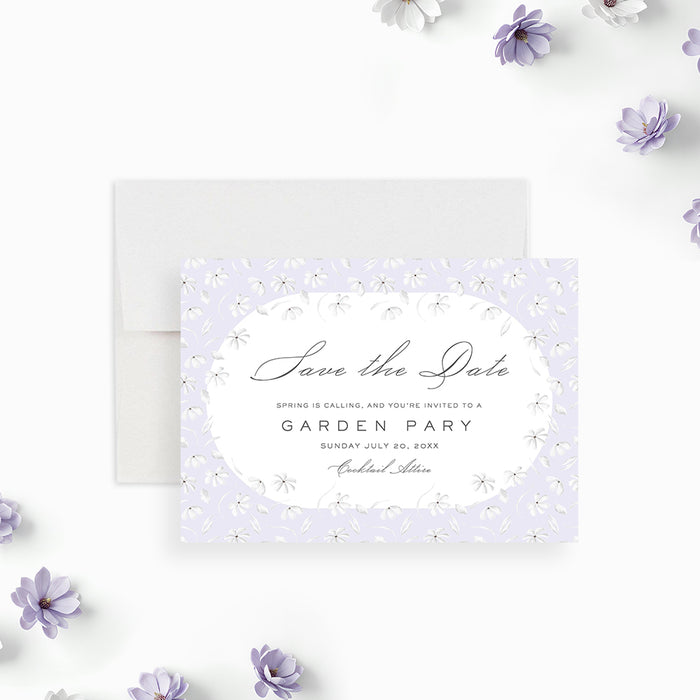 Floral save the date card with white flowers on a soft purple background, personalized for spring garden party celebrations-front