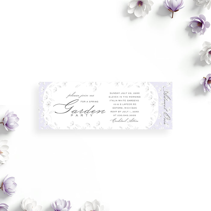 Garden party ticket invitation with a pastel purple design, personalized admit-one style invite for floral-themed celebrations