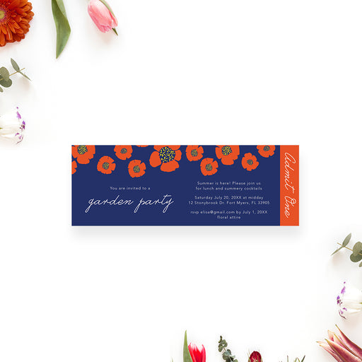 Floral garden party ticket invitation with bold and bright flower design