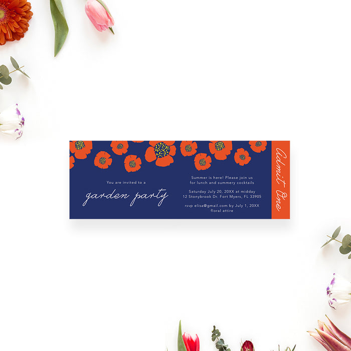 Floral garden party ticket invitation with bold and bright flower design