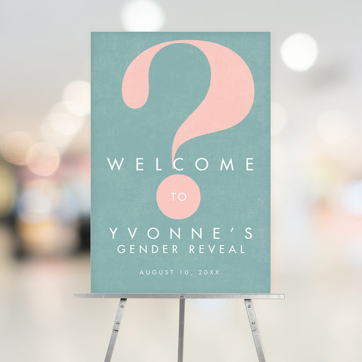 Gender reveal welcome sign with a pink question mark and blue background, personalized with details.
