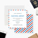 going away party invitation with red and blue airmail border, clean lettering, and personalized farewell event details-front-back
