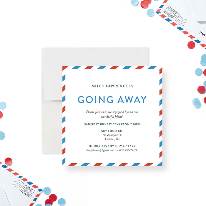 going away party invitation with red and blue airmail border, clean lettering, and personalized farewell event details-front