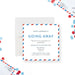 going away party invitation with red and blue airmail border, clean lettering, and personalized farewell event details-front