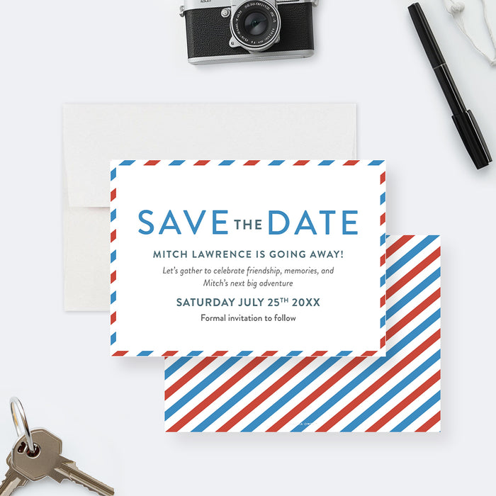 going away party save the date card with airmail border in red and blue, featuring farewell party details and a clean modern layout-front-back