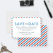 going away party save the date card with airmail border in red and blue, featuring farewell party details and a clean modern layout-front-back