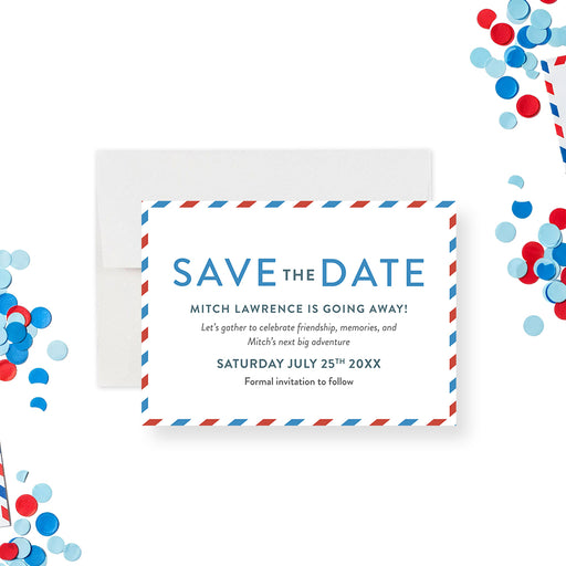 going away party save the date card with airmail border in red and blue, featuring farewell party details and a clean modern layout-front