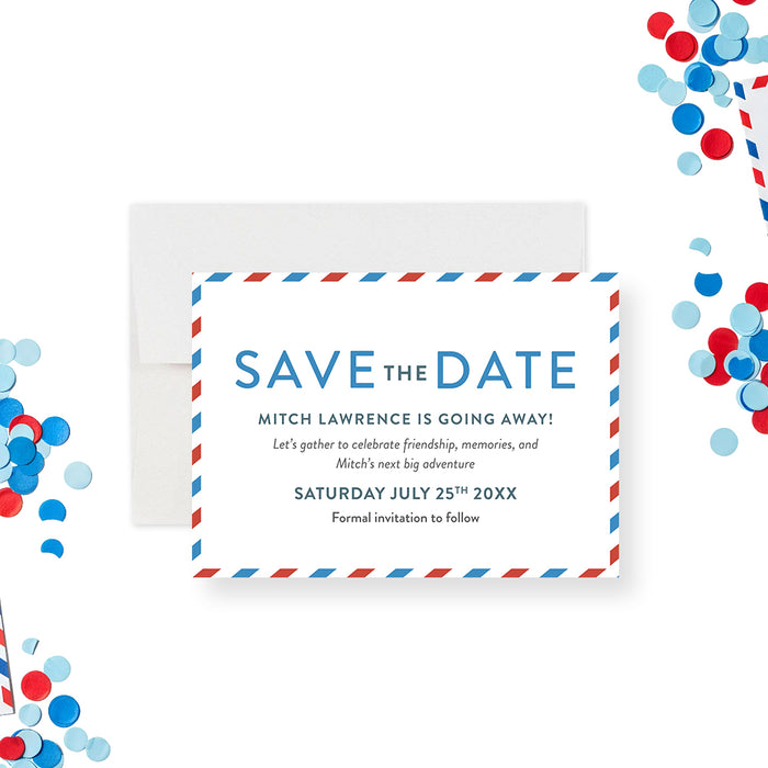 going away party save the date card with airmail border in red and blue, featuring farewell party details and a clean modern layout-front