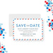 going away party save the date card with airmail border in red and blue, featuring farewell party details and a clean modern layout-front