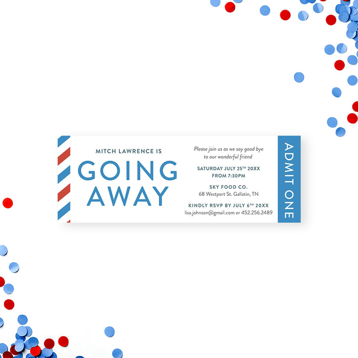 going away party ticket invitation with red and blue airmail border, admit one header, and customizable farewell event details