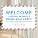 airmail going away party welcome sign with red and blue border and travel-themed farewell wording displayed on an easel