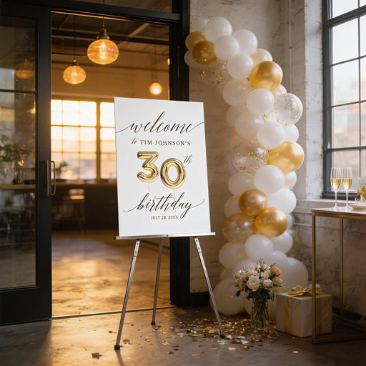White 30th birthday party welcome sign featuring metallic gold foil number 30 balloons and elegant script lettering displayed on an easel