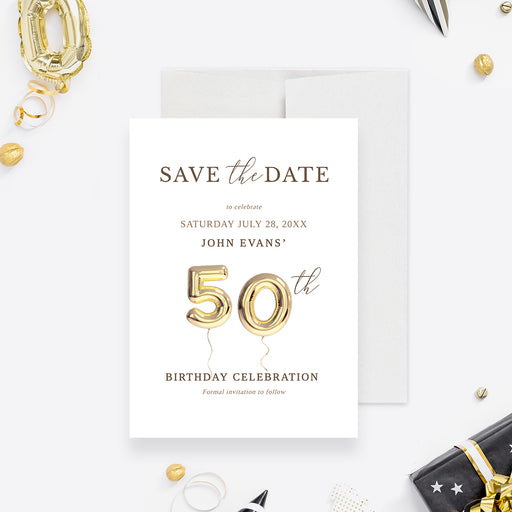 50th birthday save the date card with gold colored balloon numbers on a white background.