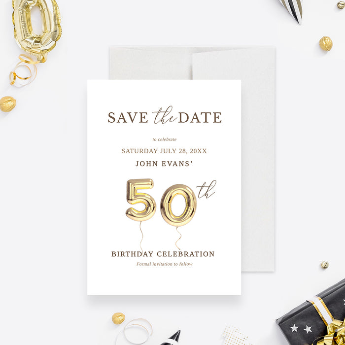 50th birthday save the date card with gold colored balloon numbers on a white background.