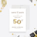 50th birthday save the date card with gold colored balloon numbers on a white background.