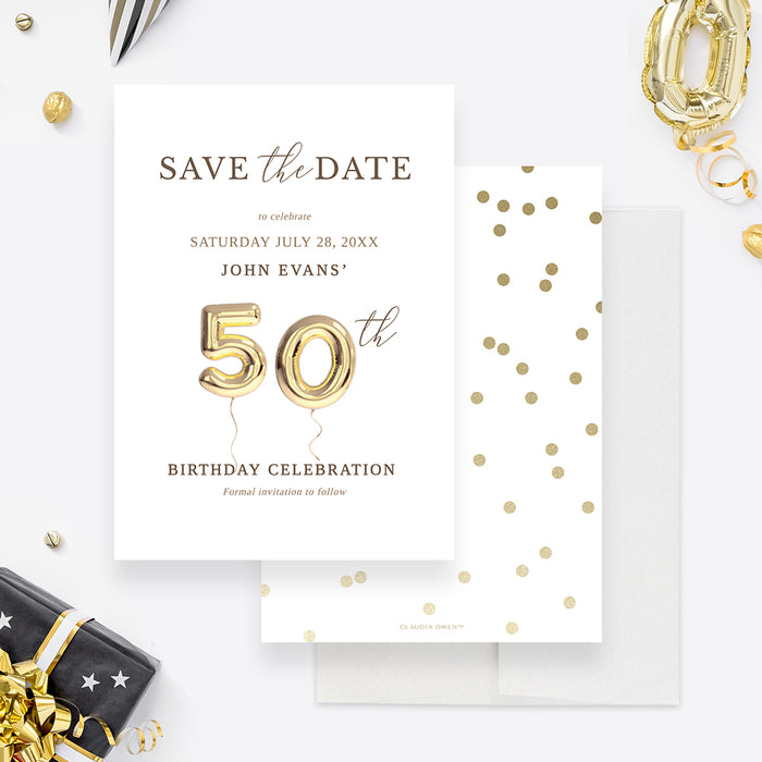 50th birthday save the date card with gold balloon artwork and a coordinating gold confetti back.