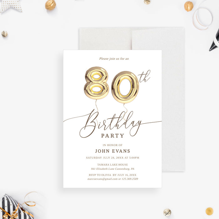 80th birthday invitation with gold colored balloon numbers and script lettering on white.