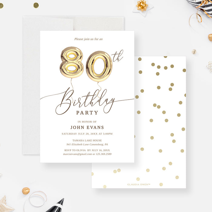 80th birthday invitation with gold balloon artwork and a coordinating gold confetti back.