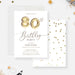 80th birthday invitation with gold balloon artwork and a coordinating gold confetti back.