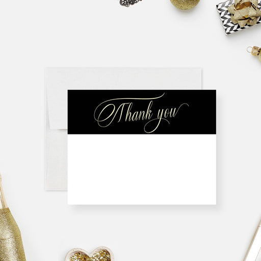 Elegant gold and black personalized thank you note card, perfect for birthdays or events, a sophisticated stationery gift for men and women.
