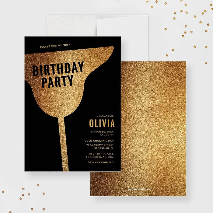 Gold cocktail birthday digital invitation featuring modern martini glass design on black background