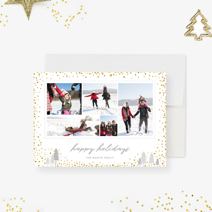 Modern holiday photo card featuring a multi-photo collage layout, gold confetti border, subtle winter tree illustrations, and elegant handwritten Happy Holidays text.