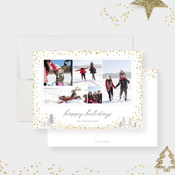 Modern holiday photo card featuring a multi-photo collage layout, gold confetti border, subtle winter tree illustrations, and elegant handwritten Happy Holidays text.