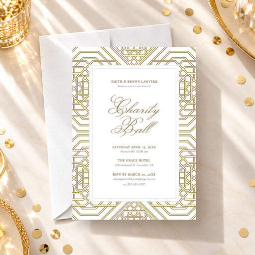 An elegant charity ball invitation template featuring geometric gold patterns, elegant script lettering, and customizable event details on a white background.