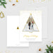 Elegant holiday photo card featuring a gold-outlined Christmas tree photo frame, gold confetti accents and modern script Happy Holidays typography on a white background.