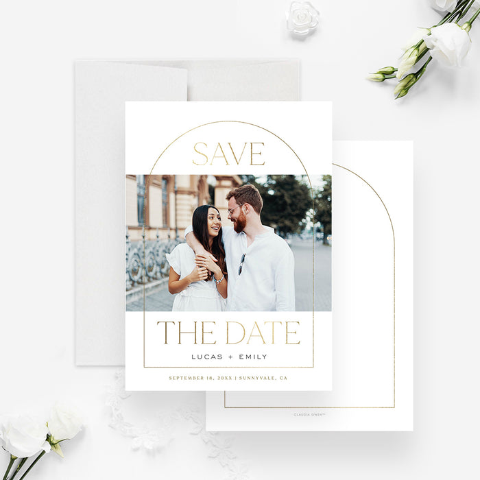 Modern Minimalist Wedding Save the Dates, Golden Arch Wedding Save the Date Card with Photo