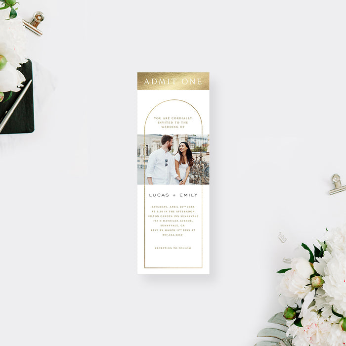 Modern Wedding Ticket with Golden Arch and Photo, Simple Elegant Ticket with Picture, Vow Renewal Ticket Invites in White and Gold