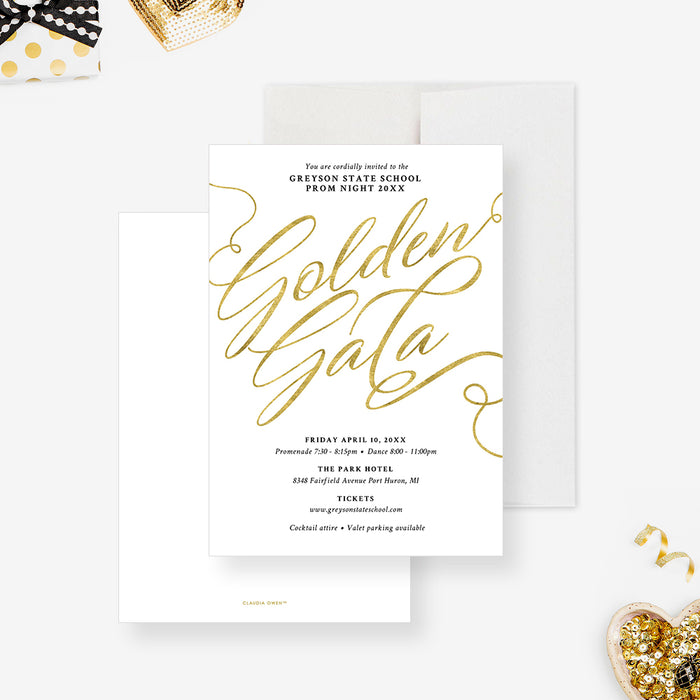 Golden Gala School Prom Invitation with Elegant Typography, White and Gold Theme Prom Night Invites