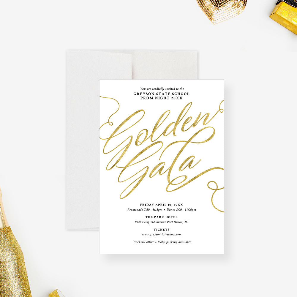 Elegant Golden Gala Invitation White and Gold School Prom Card