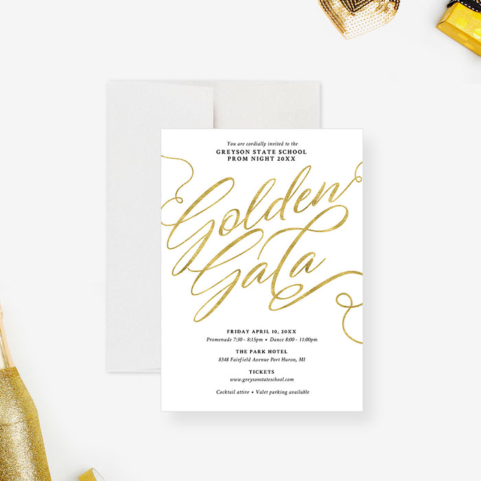 Golden Gala School Prom Invitation with Elegant Typography, White and Gold Theme Prom Night Invites