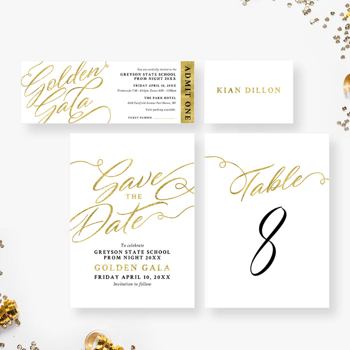 Golden Gala School Prom Invitation with Elegant Typography, White and Gold Theme Prom Night Invites