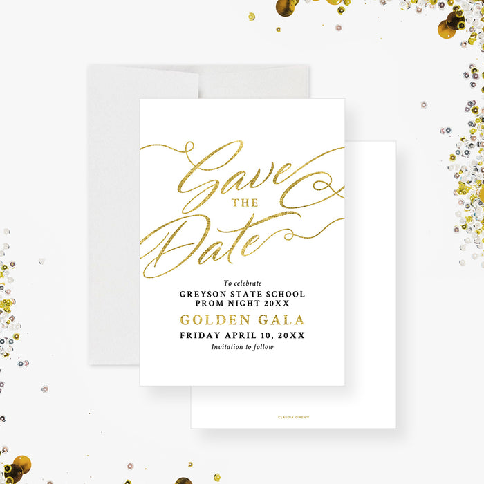 Elegant Golden Gala Prom Night Save the Date with Stylish Font Design, Save the Date Invitation in Gold and White